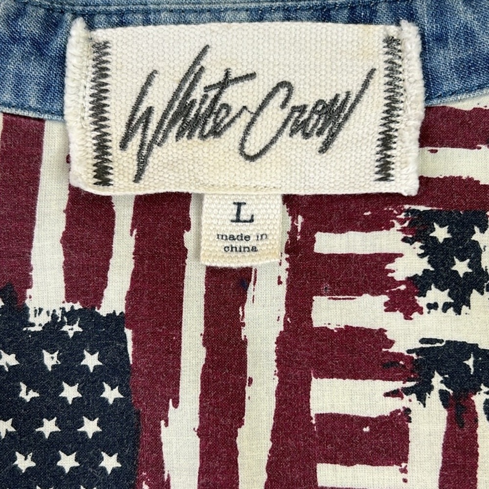 White Crow Buckle Blue Red Flannel Patchwork Button‎ Down Long Sleeve Shirt L - Picture 3 of 9